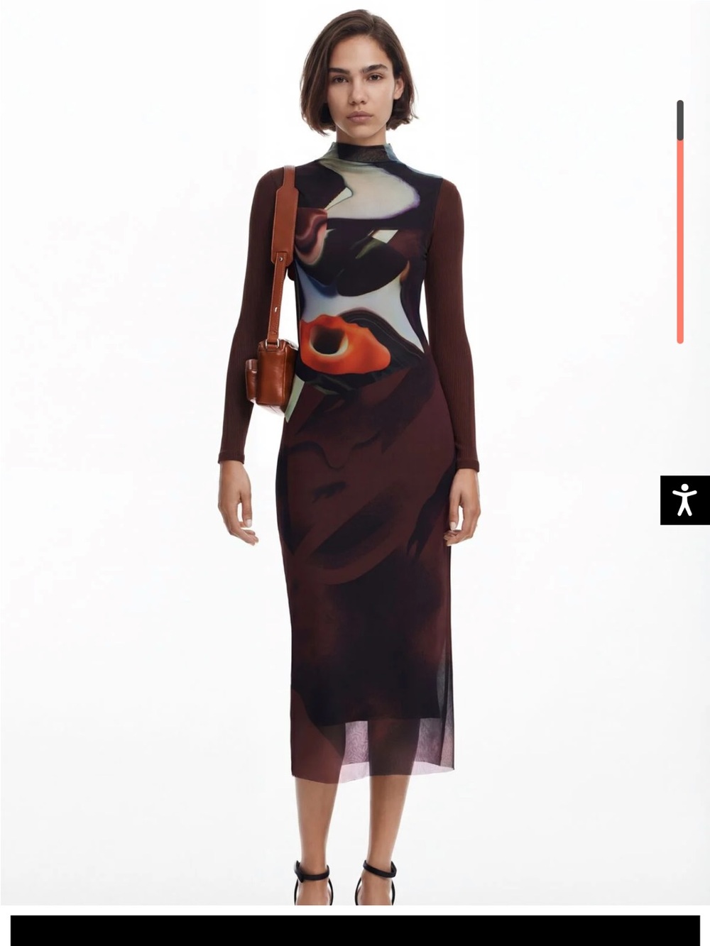 Desigual Brown Abstract-Print Long Sleeve Midi Dress with Orange Accents